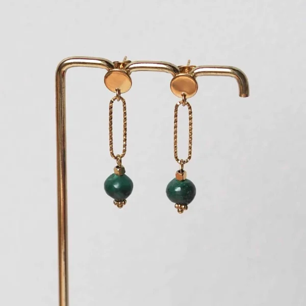 des boucles d'oreilles dorées composées d' un rectangle strié et d'une perle en malachite de seconde main au bout sur un portant