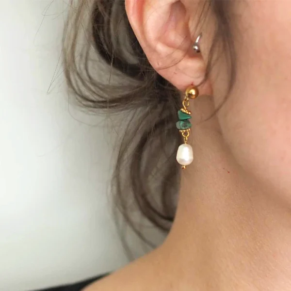 zoom sur l'oreille d'une femme portant une paire de boucles d'oreilles dorée composée de turquoises et perles d'eau de seconde main
